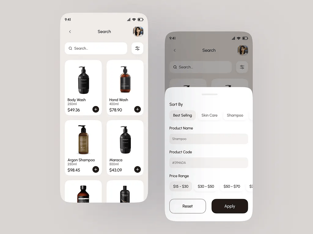eCommerce app search and filter